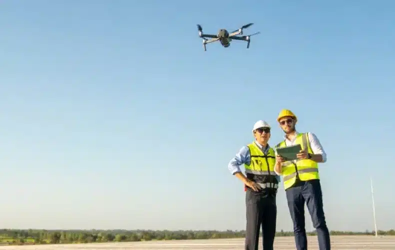 Operátori čistiaceho dronu pri dronovom čistení budovy