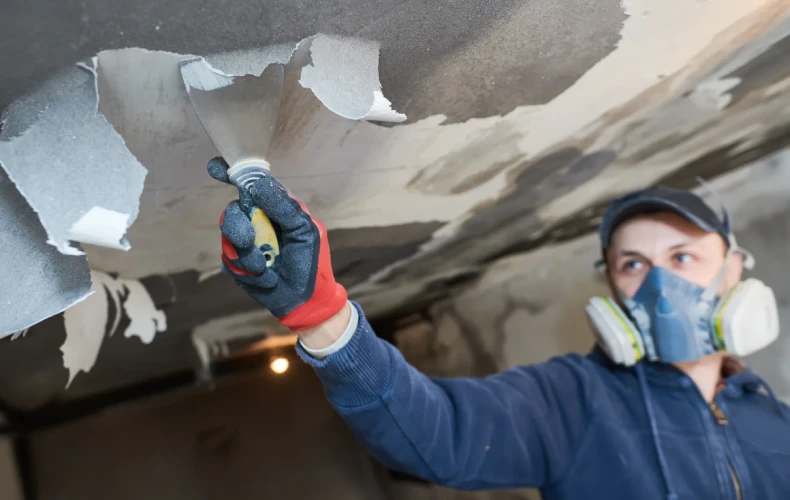 Sanácia po požiari – odstraňovanie poškodených častí stropu v ochrannom respirátore
